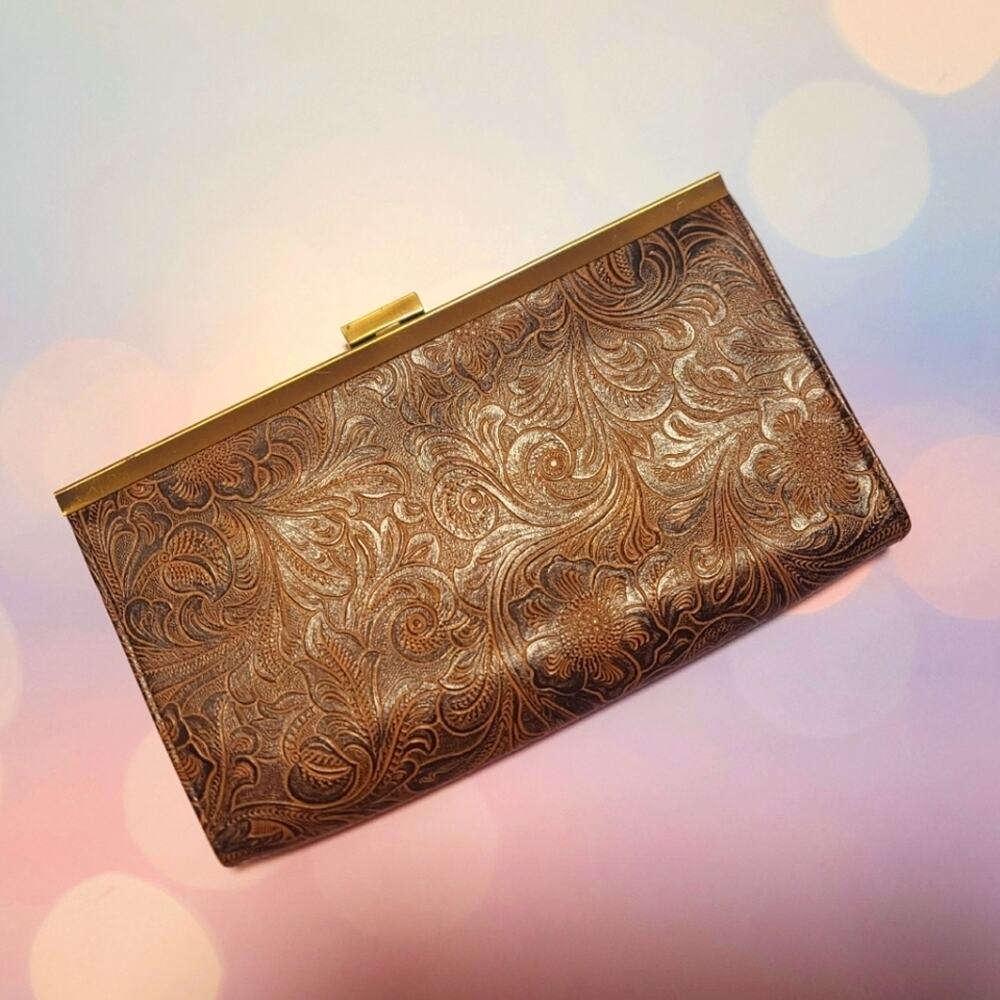 Missco Brown Floral Western Embossed Clutch evening purse -brass clip closure
